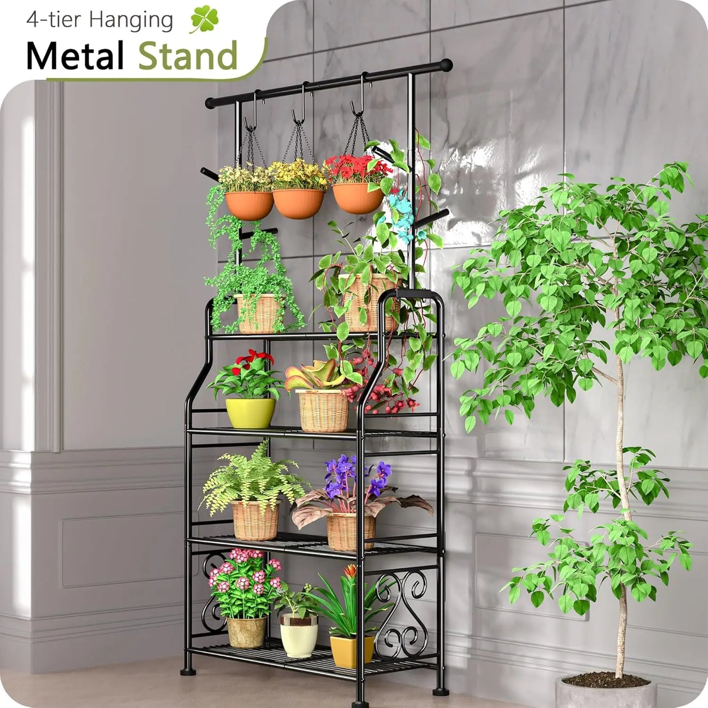4-Tier Metal Plant Stand with Hanging Hooks