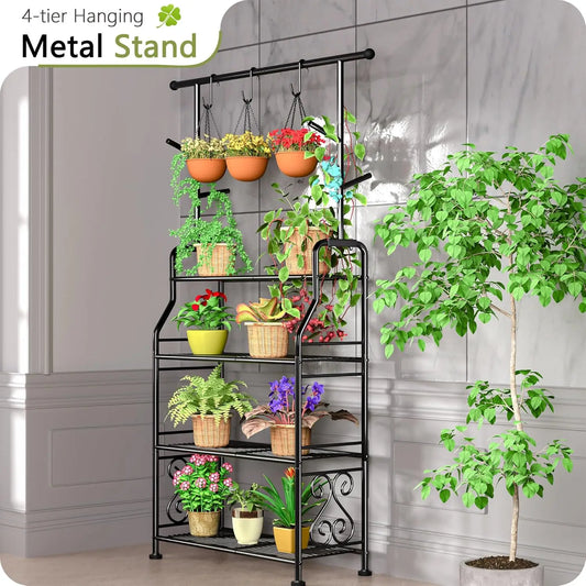 4-Tier Metal Plant Stand with Hanging Hooks