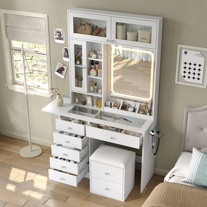 Lighted Vanity Desk with Mirror and Built-In Power Strip