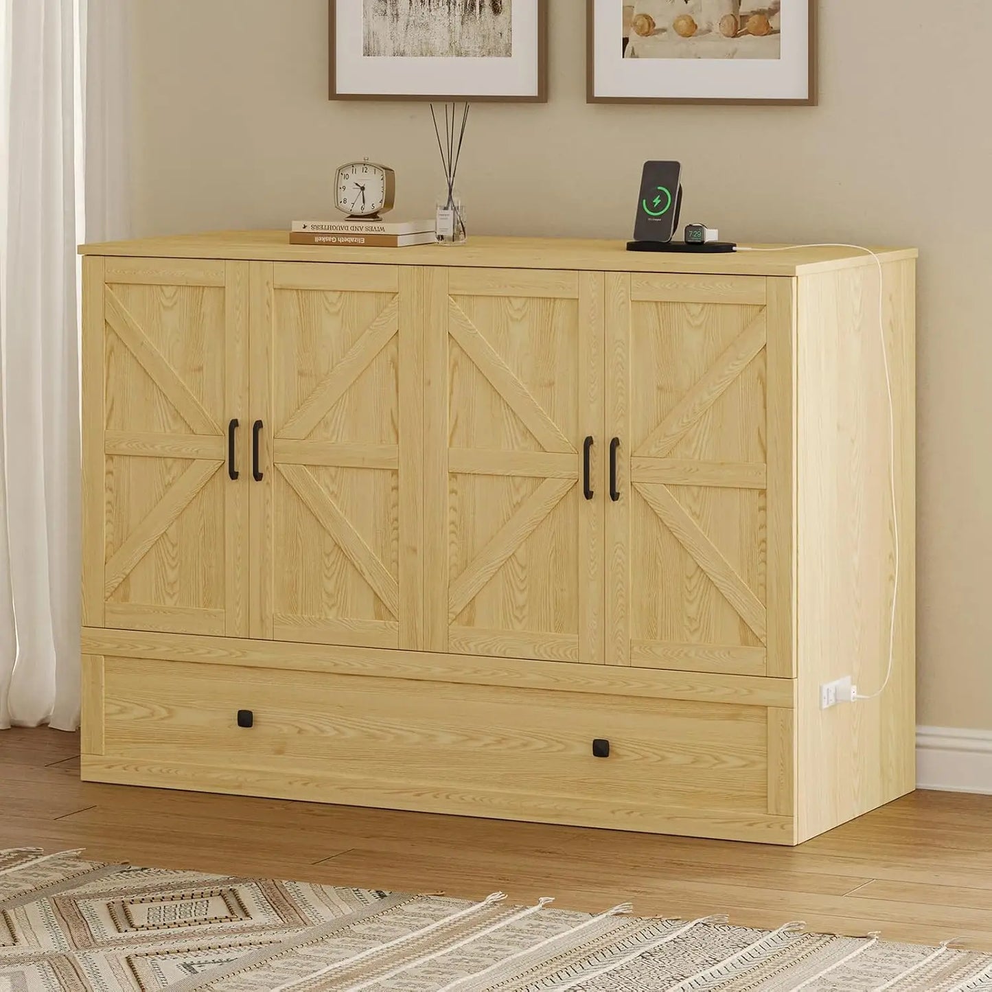 Wall Mounted Full-Size Murphy Bed with Foldable Panel and Charging Station