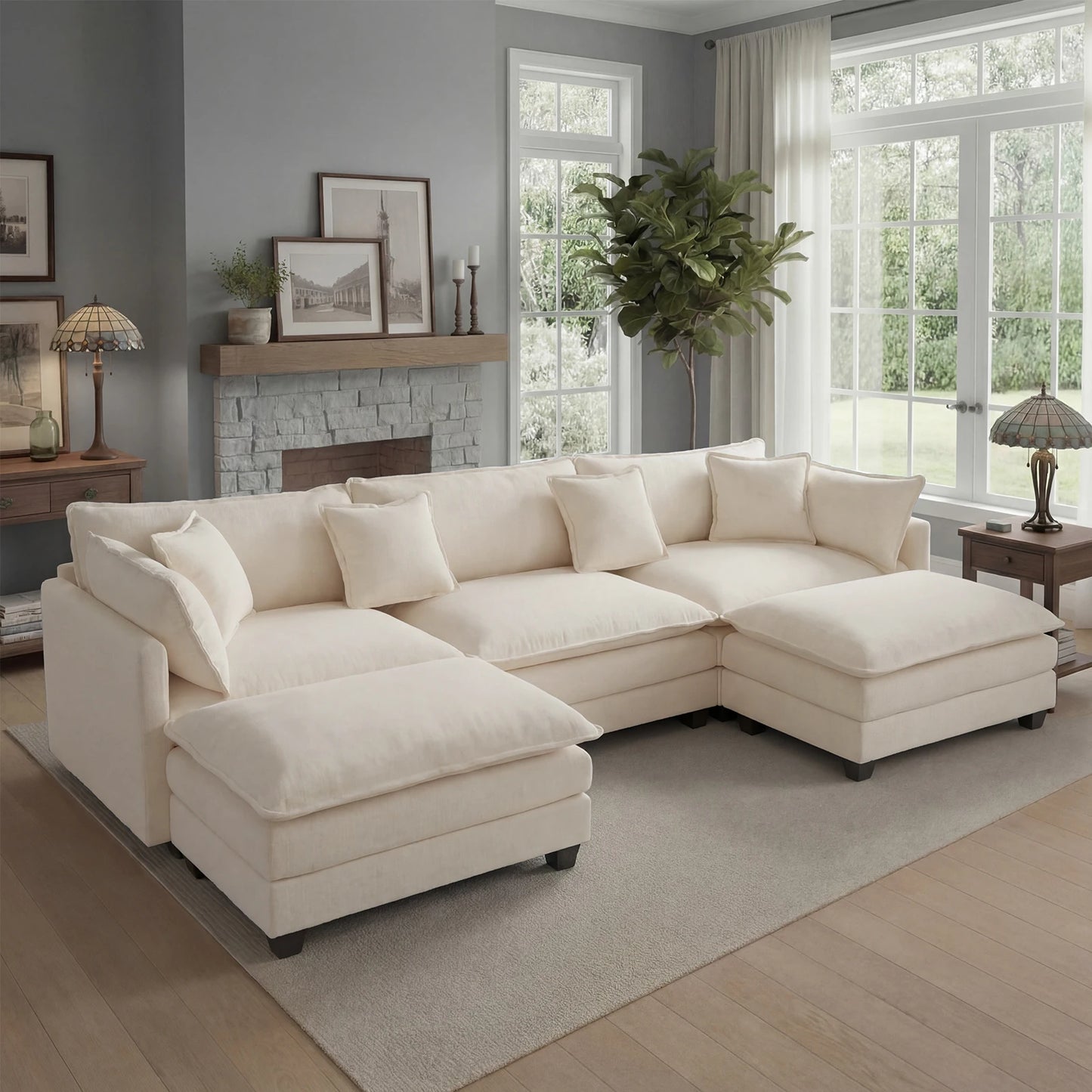 Modular Sectional Sofa with Ottoman Solid Wood Frame and Deep Seating