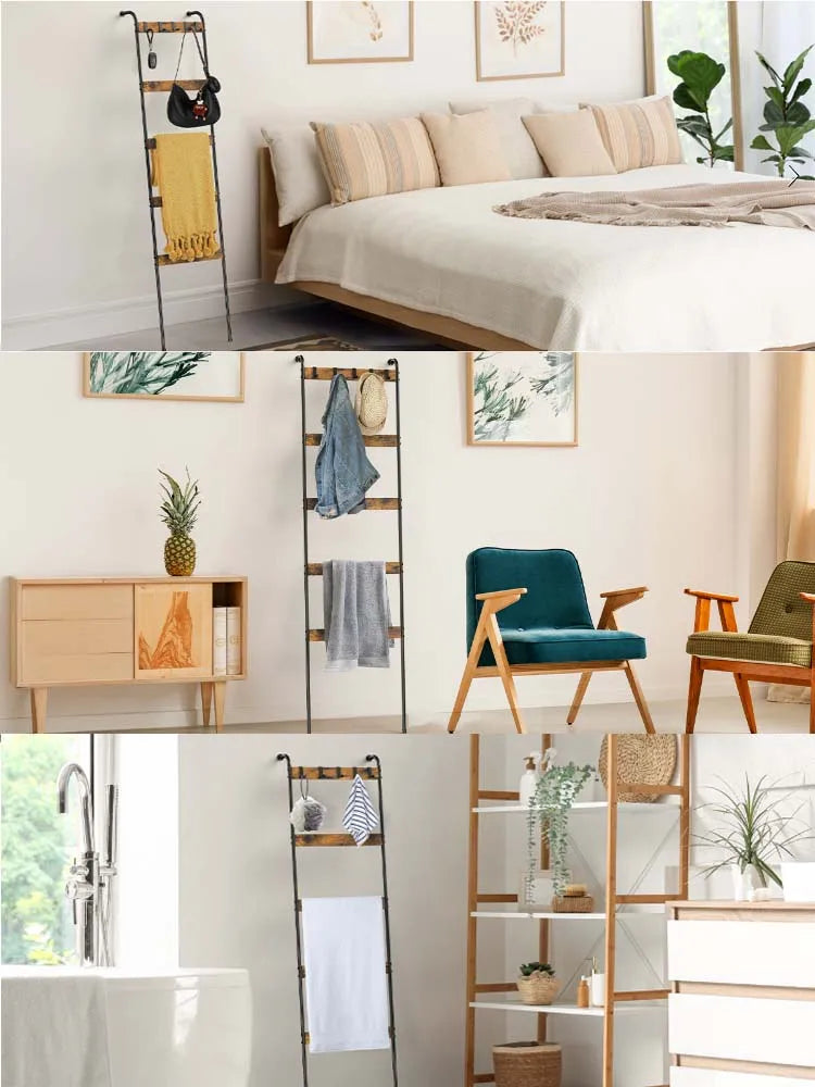 5-Tier Farmhouse Blanket Ladder with 10 Hooks | Leaning Towel & Blanket Rack