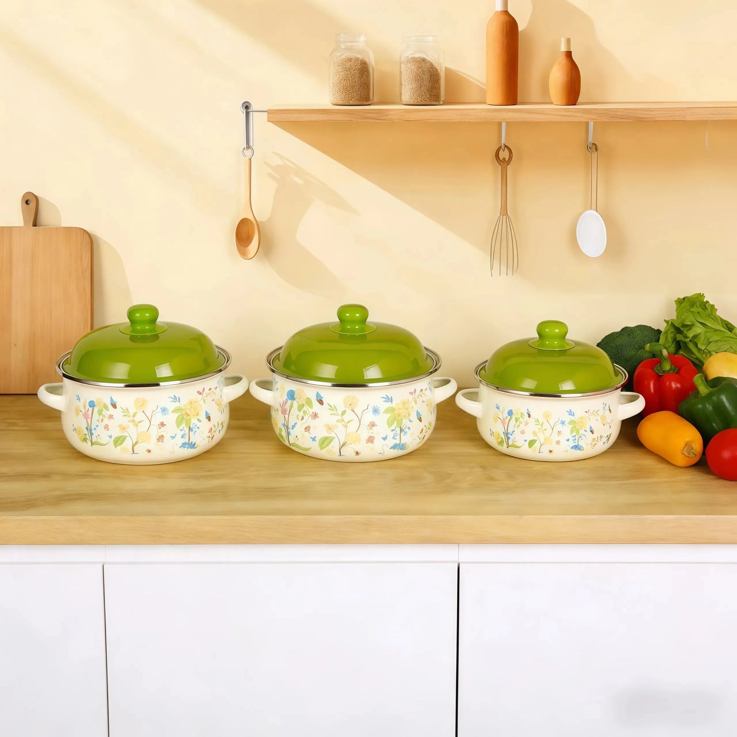 3-Piece Vintage Enamel Cooking Pot Set with Lids | Retro Floral Stock Pots