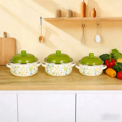 3-Piece Vintage Enamel Cooking Pot Set with Lids | Retro Floral Stock Pots