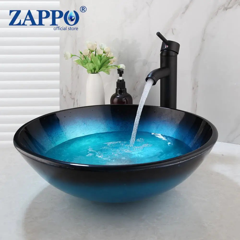Tempered Glass Vessel Sink with Waterfall Black Faucet