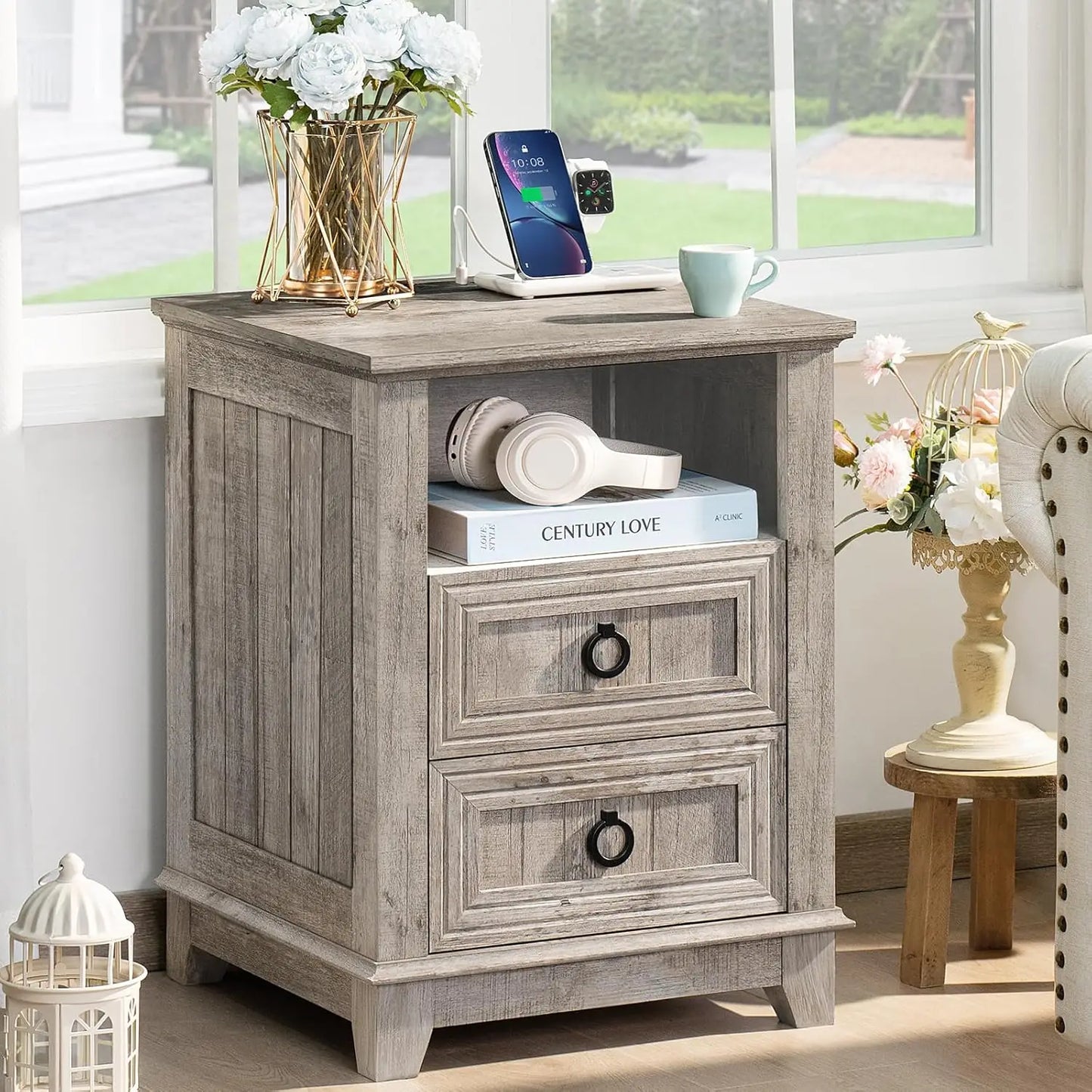Farmhouse Style Night Stands, Set of 2, with Charging Stations