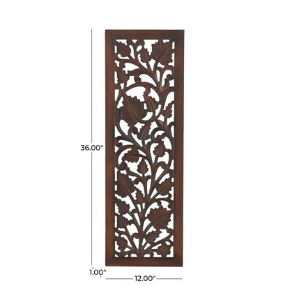 Handmade Carved Wooden Acanthus Wall Décor | 36" Brown Floral Leaf Wall Art