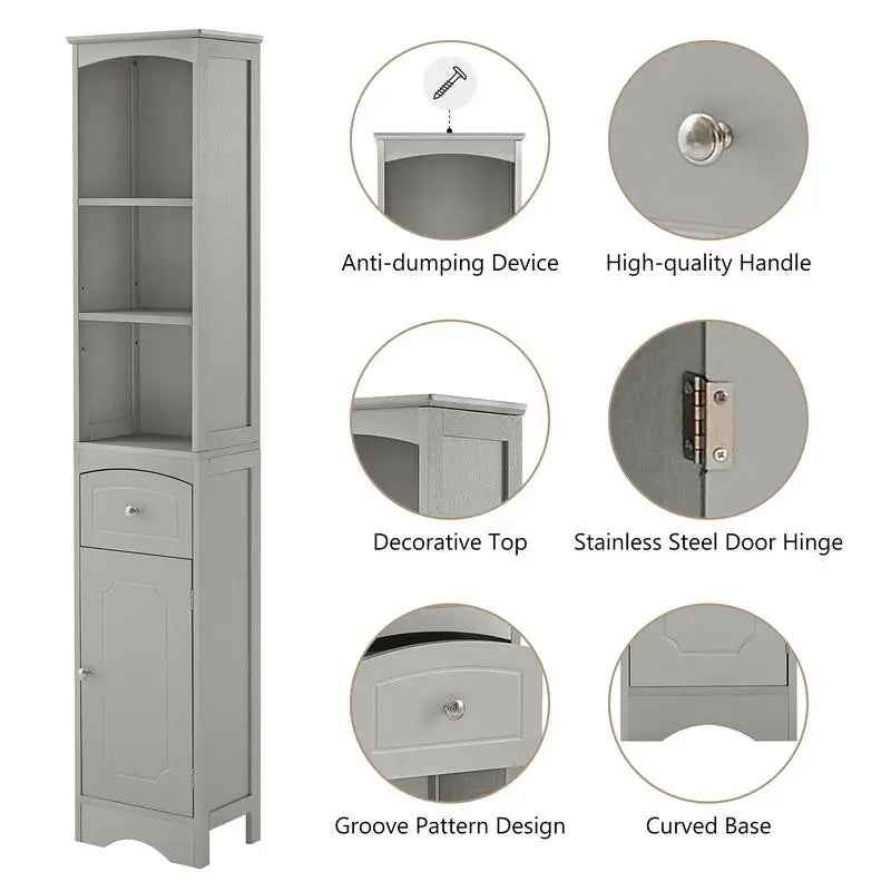 Tall Freestanding Bathroom Storage Cabinet with Drawer & Adjustable Shelf – Grey