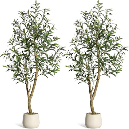 7-Foot Artificial Olive Tree with White Planter | Realistic Faux Silk Indoor Tree