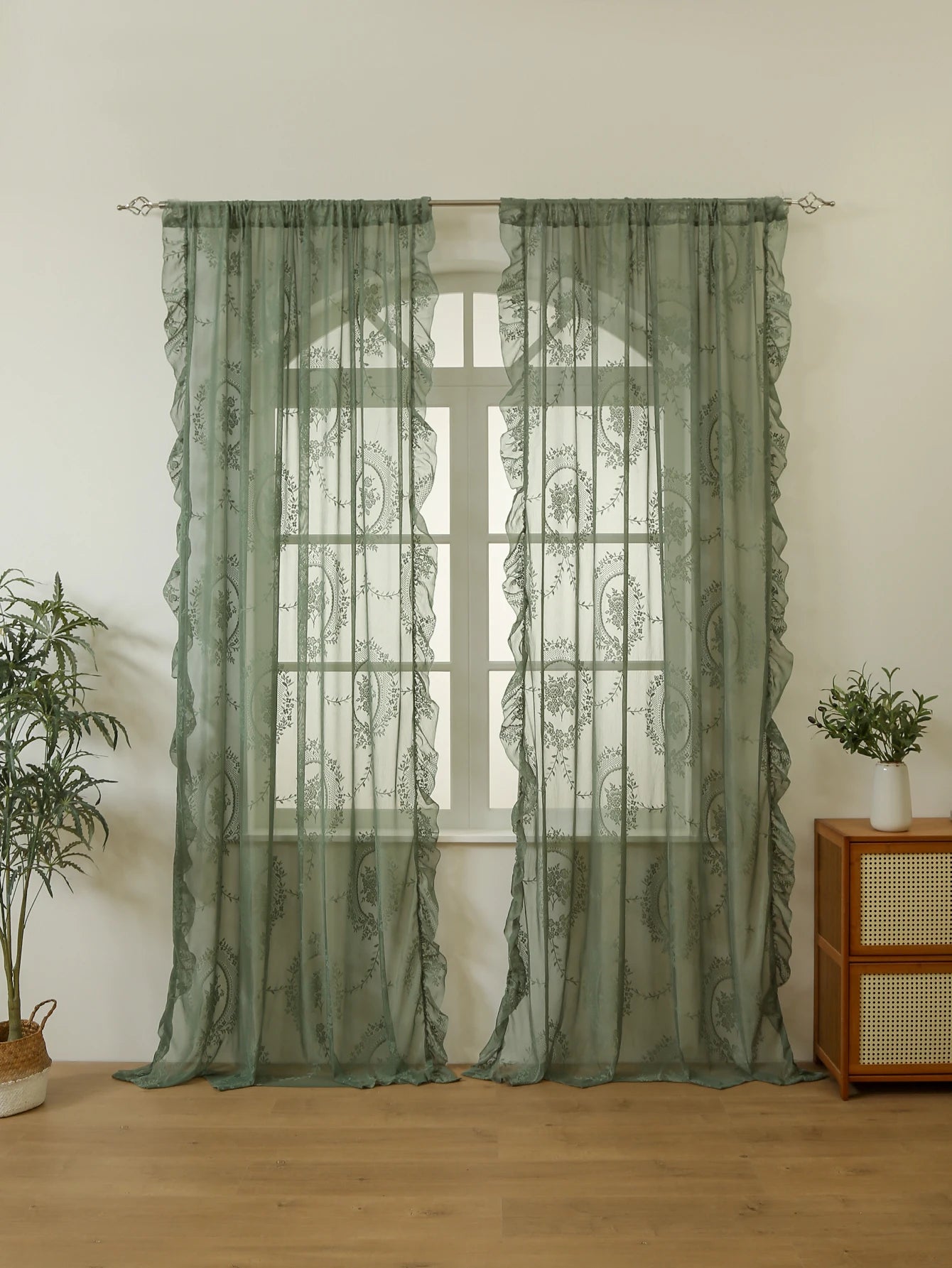 Green Boho Lace Sheer Curtain 84 Inch | Vintage Floral Scalloped Window Panel