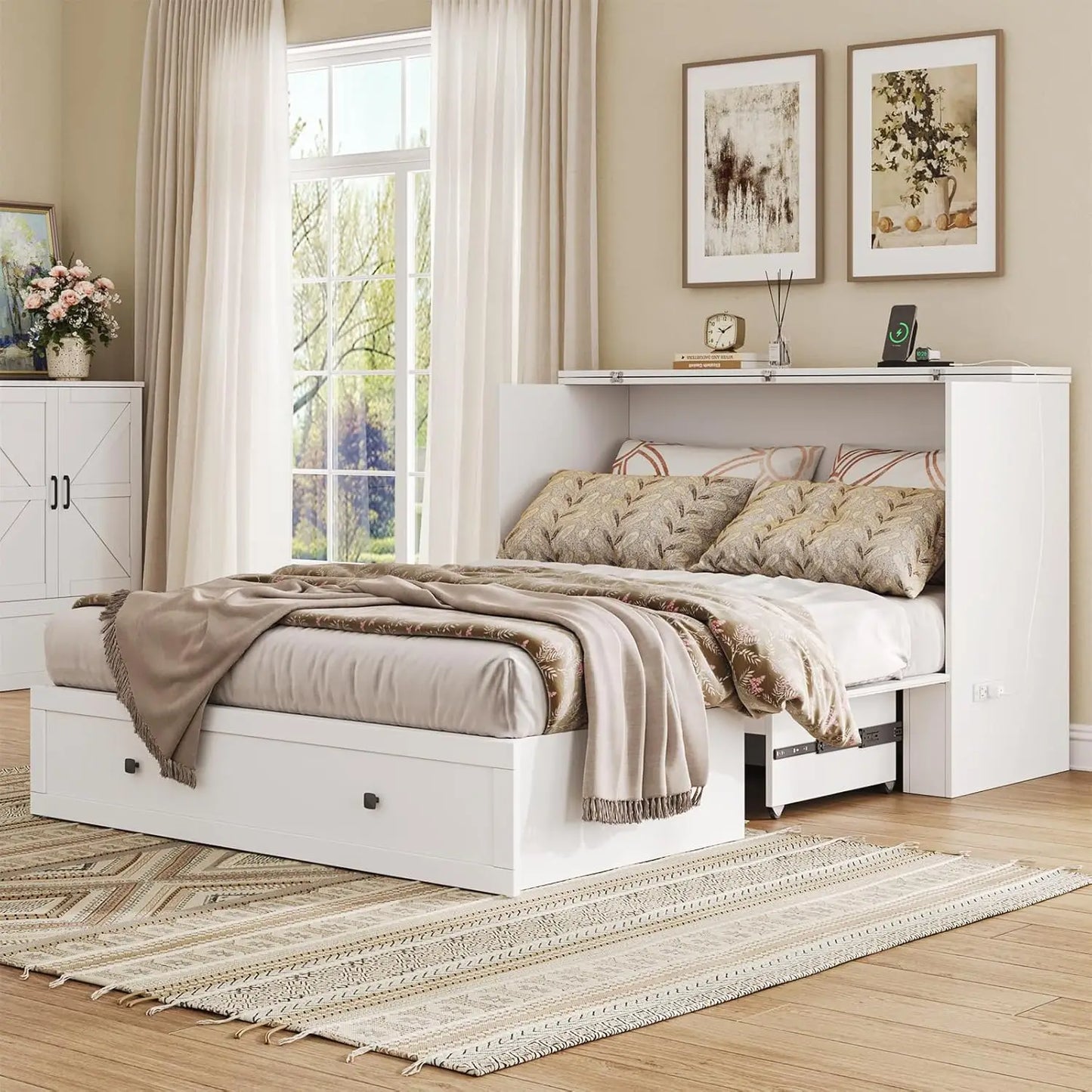 Wall Mounted Full-Size Murphy Bed with Foldable Panel and Charging Station