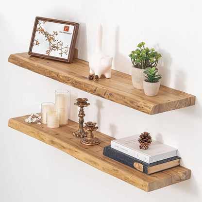 Live-Edge Solid Elm Wood Floating Shelves