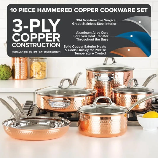 10 Piece Copper Kitchen Cookware Set with Glass Lids