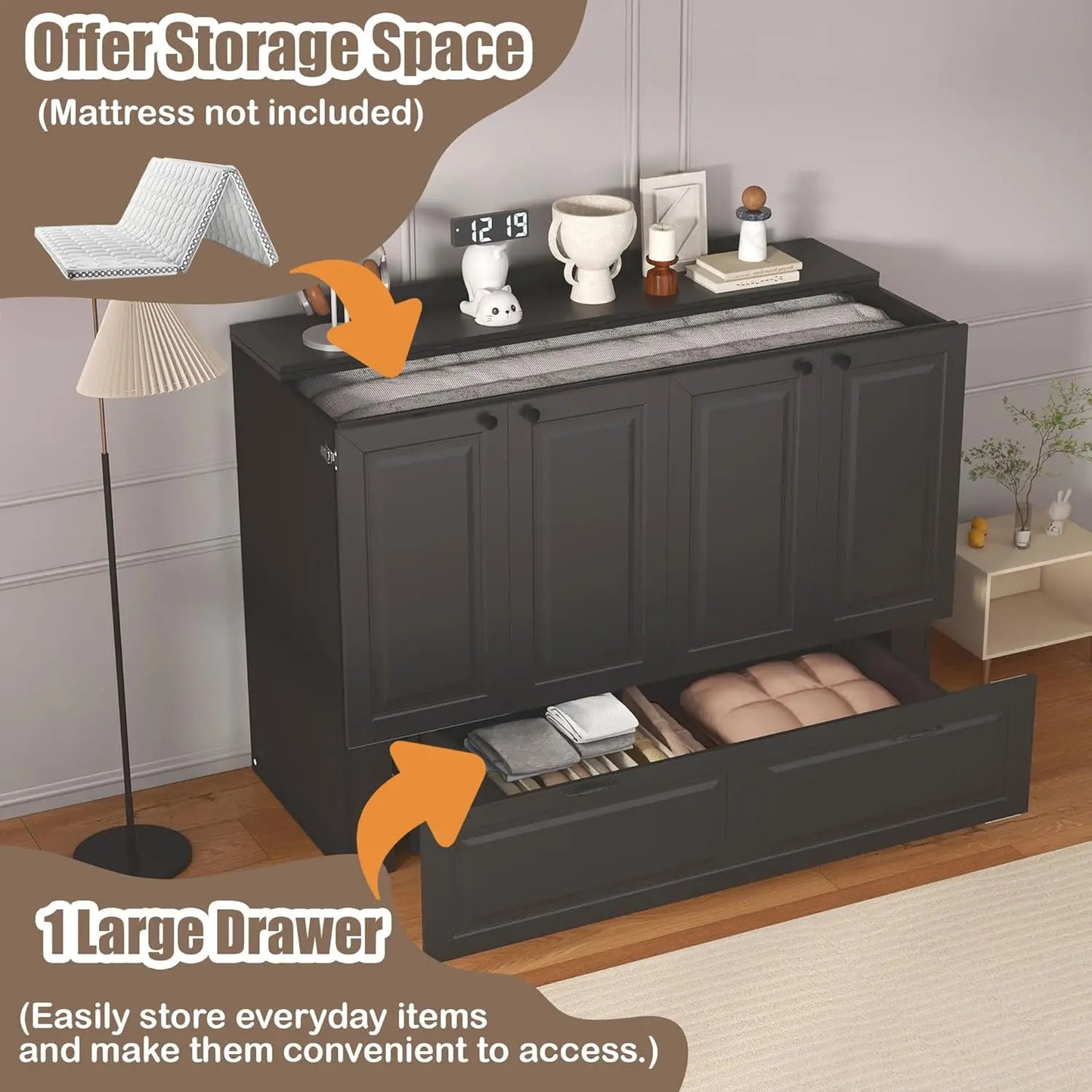 Full-Size Murphy Bed, Cabinet with Storage Plus USB Charging
