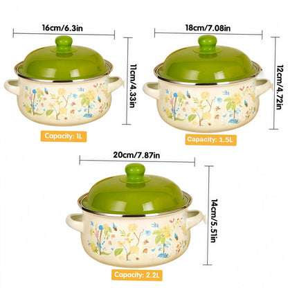 3-Piece Vintage Enamel Cooking Pot Set with Lids | Retro Floral Stock Pots