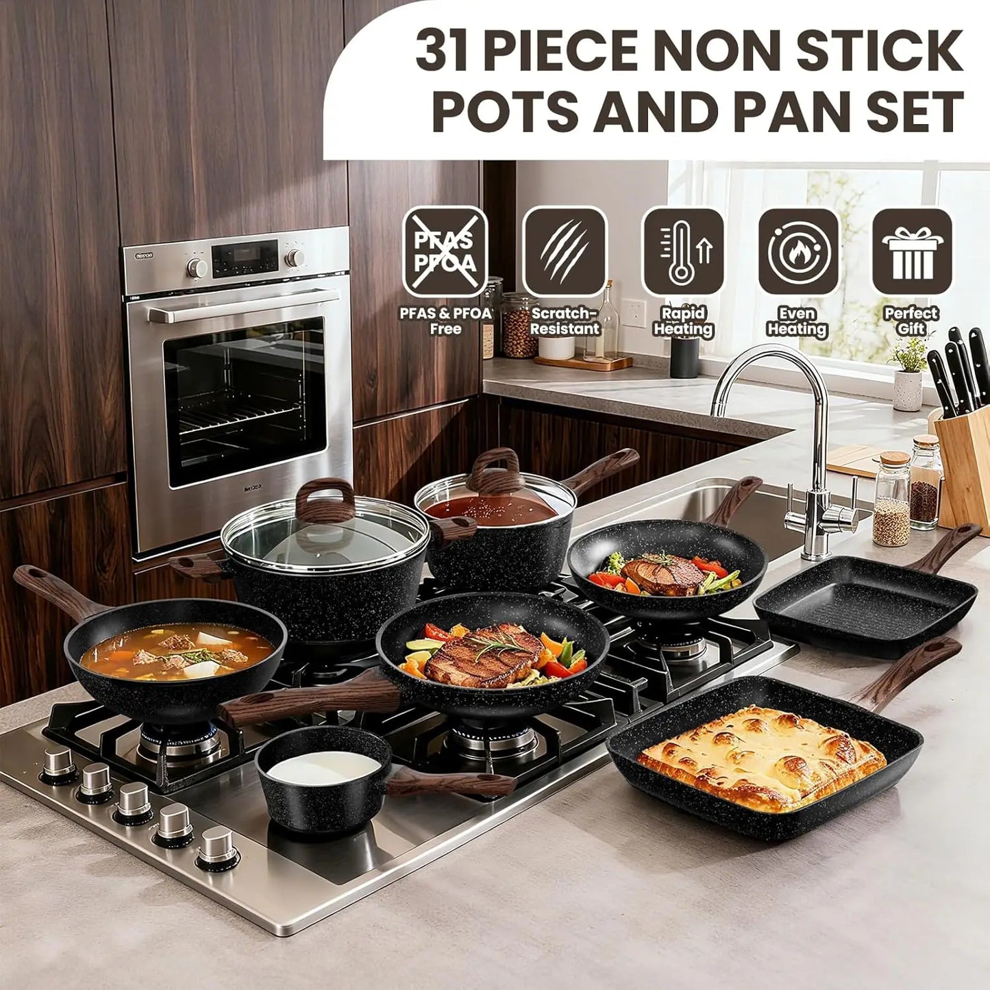 31-Piece Nonstick Pots and Pans Set | Titanium Induction Cookware & Bakeware Set
