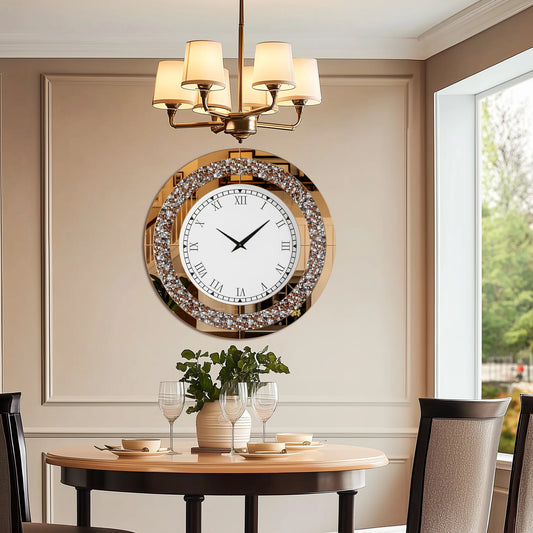 Luxury Crushed Diamond Mirror Wall Clock – Silver & Tawny Roman Numeral Sparkle Clock