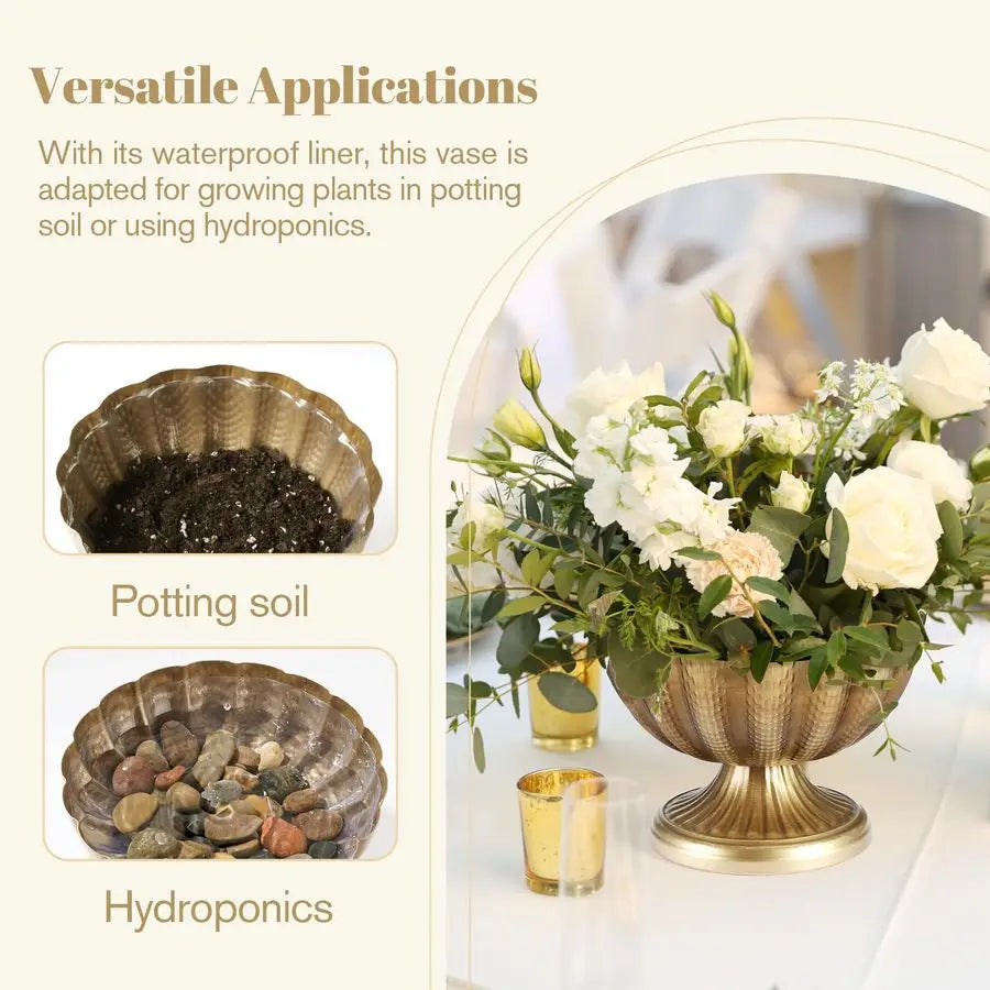 Antiqued Metal Distressed Gold Pedestal Vases