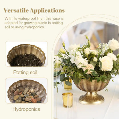 Antiqued Metal Distressed Gold Pedestal Vases