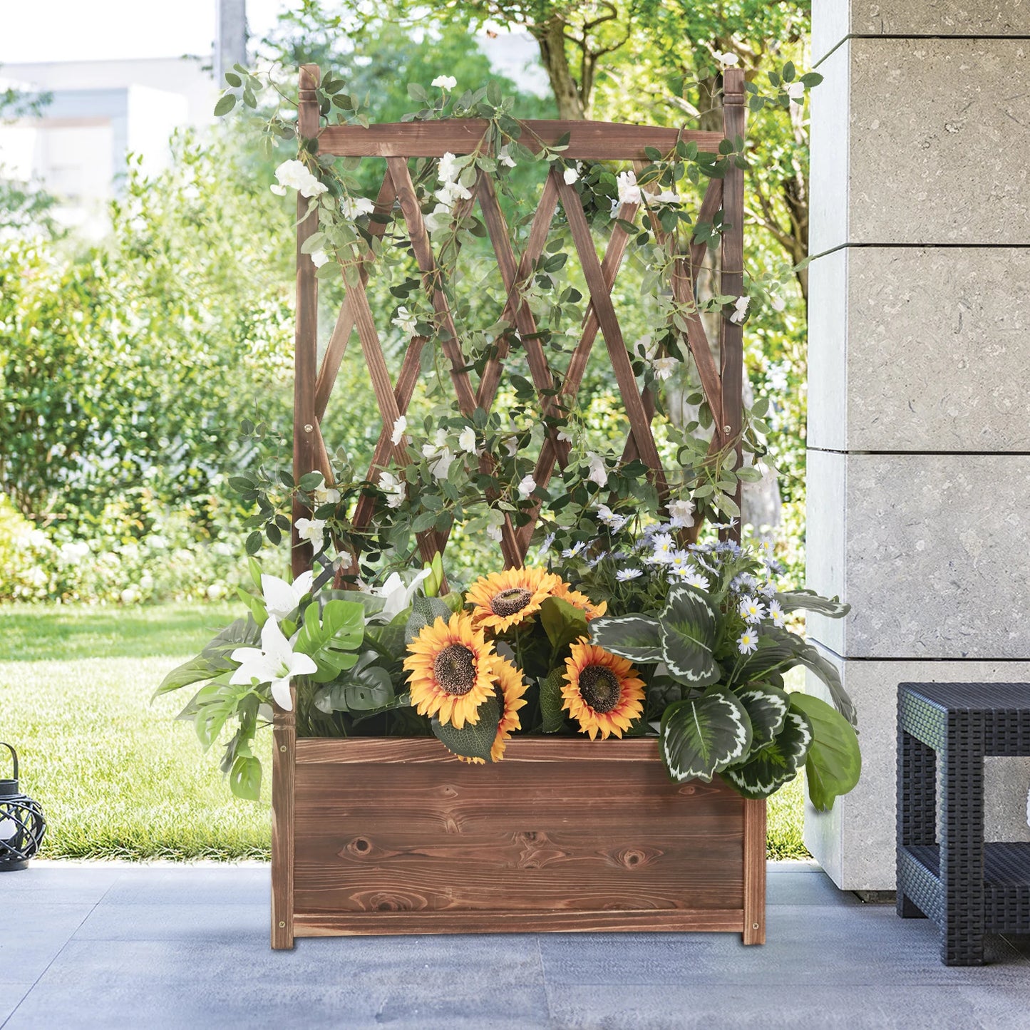 Raised Wooden Garden Bed with Trellis