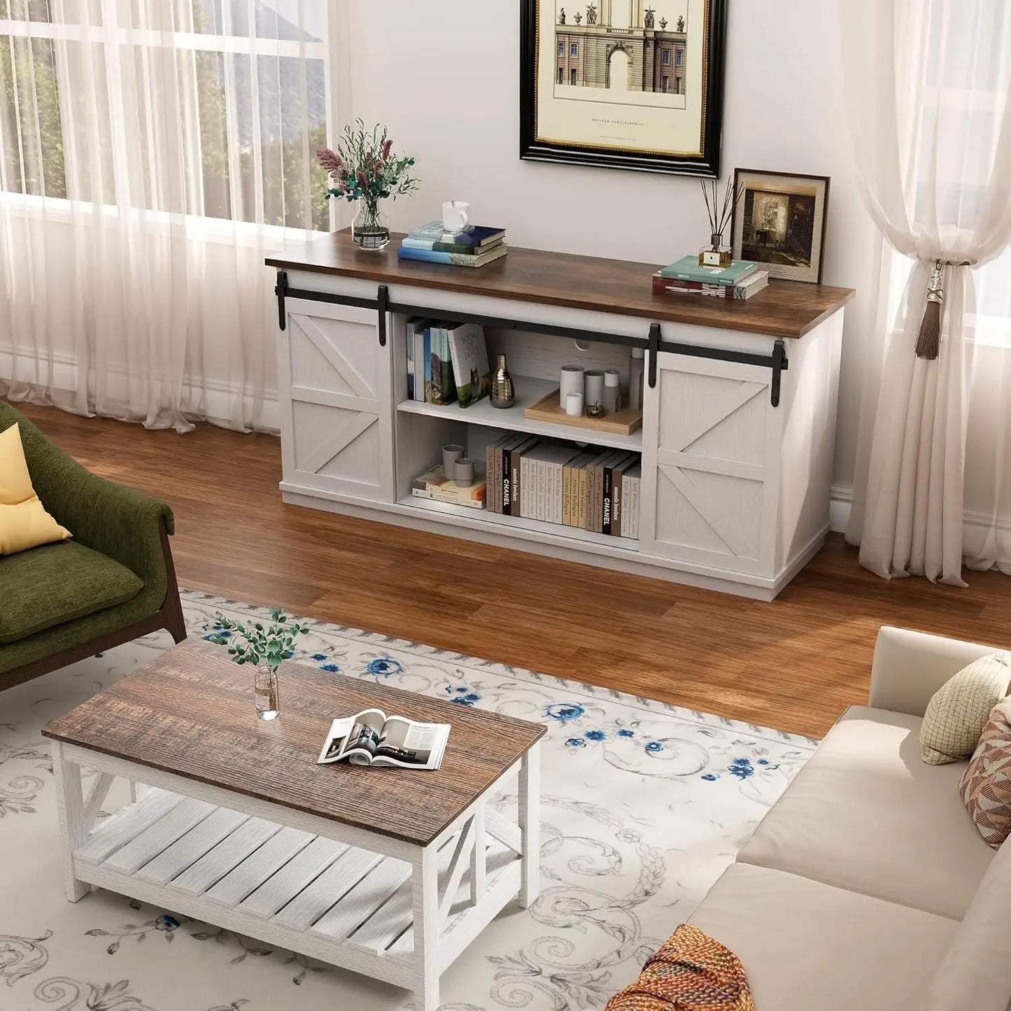Farmhouse  Style TV Stand with Sliding Barn Doors
