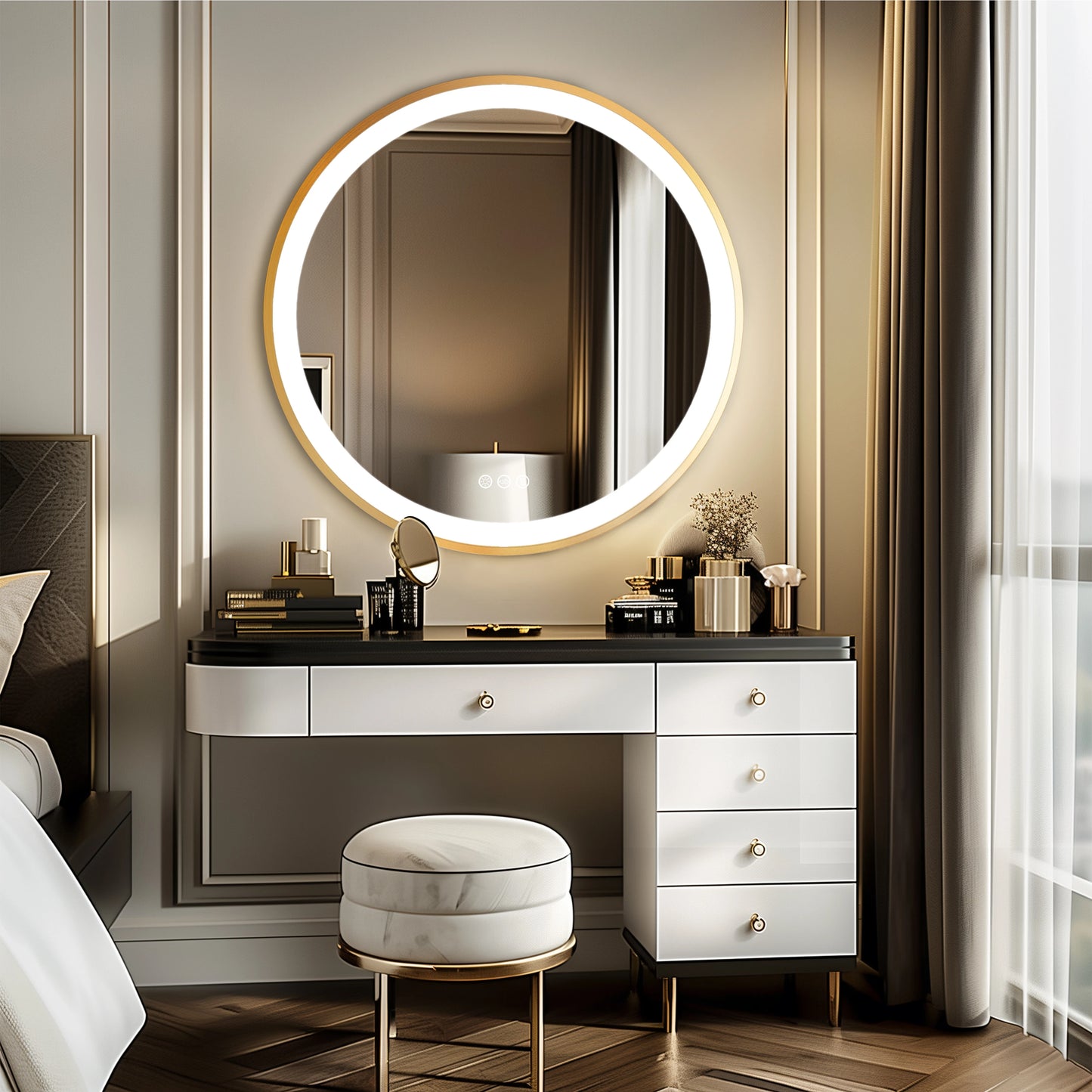 Gold-Framed Round Lighted Bathroom Mirror