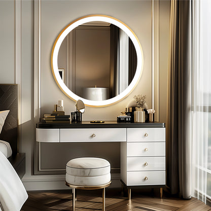 Gold-Framed Round Lighted Bathroom Mirror