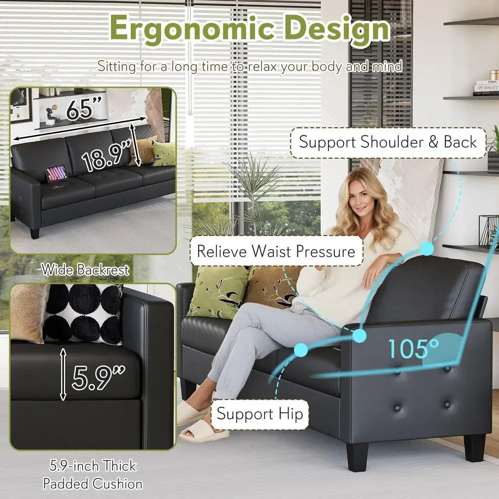 Modern Faux Leather Sofa Set with USB Charging