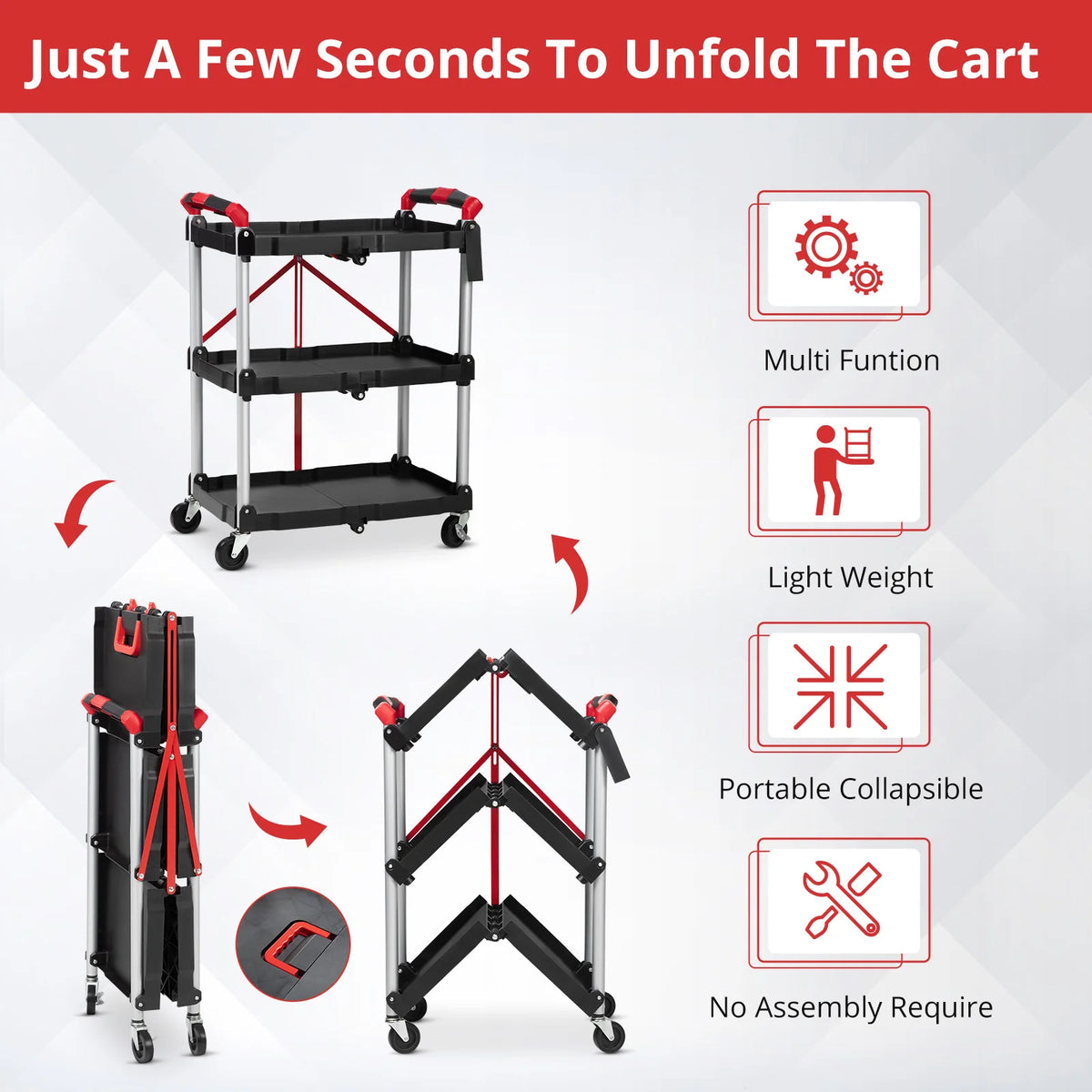 3-Tier Foldable Utility Cart | 167 lb Capacity Rolling Storage