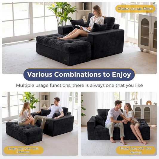 Oversized Boneless Chaise Lounge with 3 Pillows and Ottoman