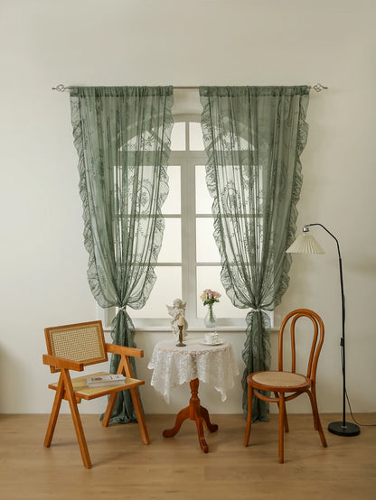 Green Boho Lace Sheer Curtain 84 Inch | Vintage Floral Scalloped Window Panel