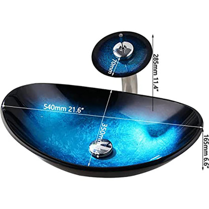 Tempered Glass Vessel Sink with Waterfall Black Faucet