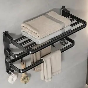 24-Inch Foldable Bathroom Towel Rack with Shelf, Dual Bars & 7 Hooks