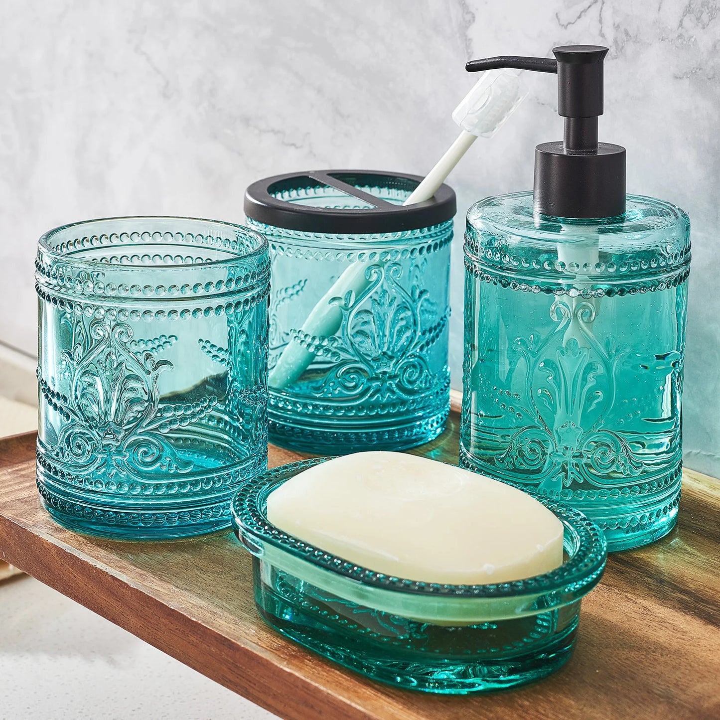 4-Piece Pressed Glass Bathroom Accessory Set | Soap Dispenser, Tumbler & Soap Dish