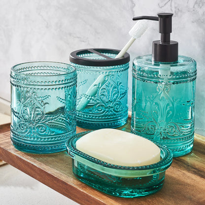 4-Piece Pressed Glass Bathroom Accessory Set | Soap Dispenser, Tumbler & Soap Dish