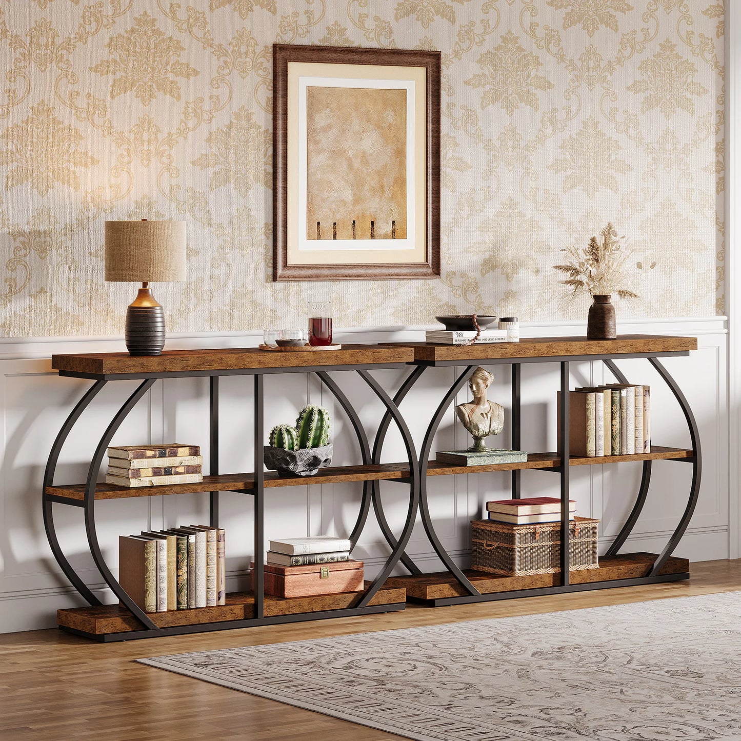 Industrial 3-Tier Console Table with Arched Metal Frame