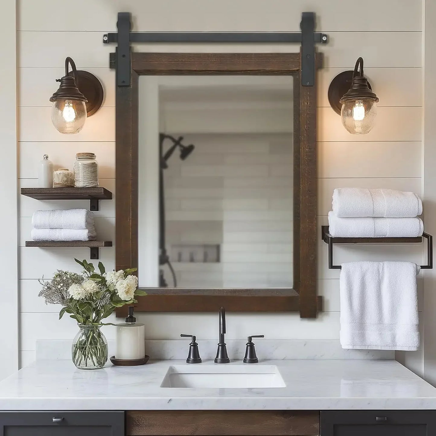 Rustic Bathroom Wall Mirror with Barn Door Cedar Wood Frame