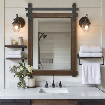Rustic Bathroom Wall Mirror with Barn Door Cedar Wood Frame