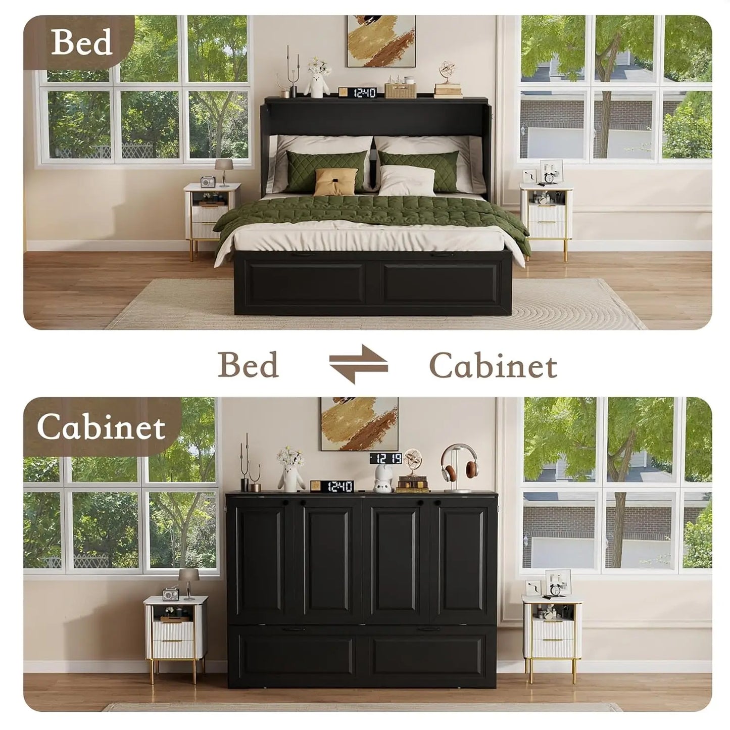 Full-Size Murphy Bed, Cabinet with Storage Plus USB Charging
