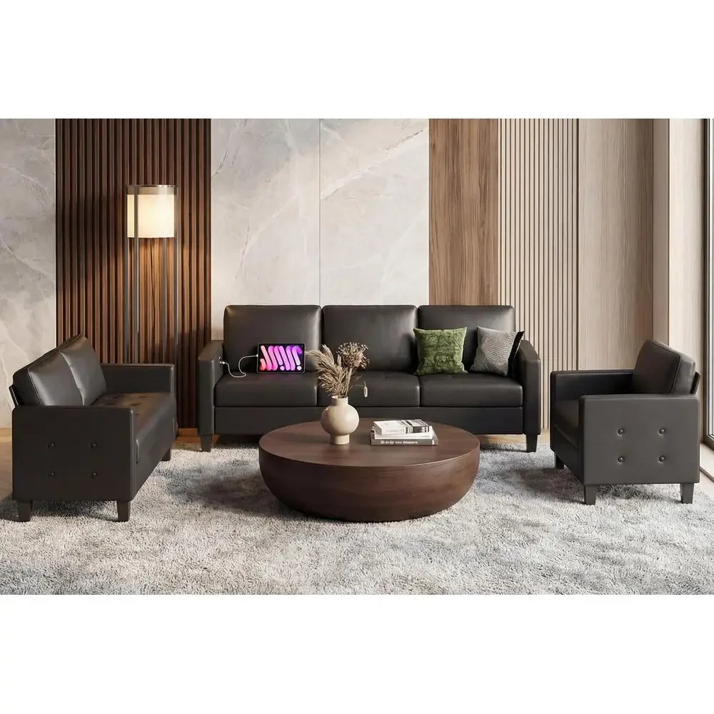Modern Faux Leather Sofa Set with USB Charging
