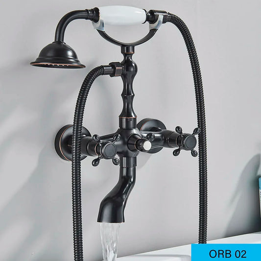 Unique Dual-Handled Retro Bathtub Faucet with Handheld Shower Wand