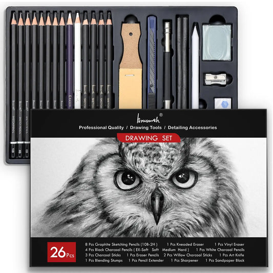 26-Piece Charcoal & Graphite Drawing Pencil Set – Professional Sketching, Shading & Blending Art Kit