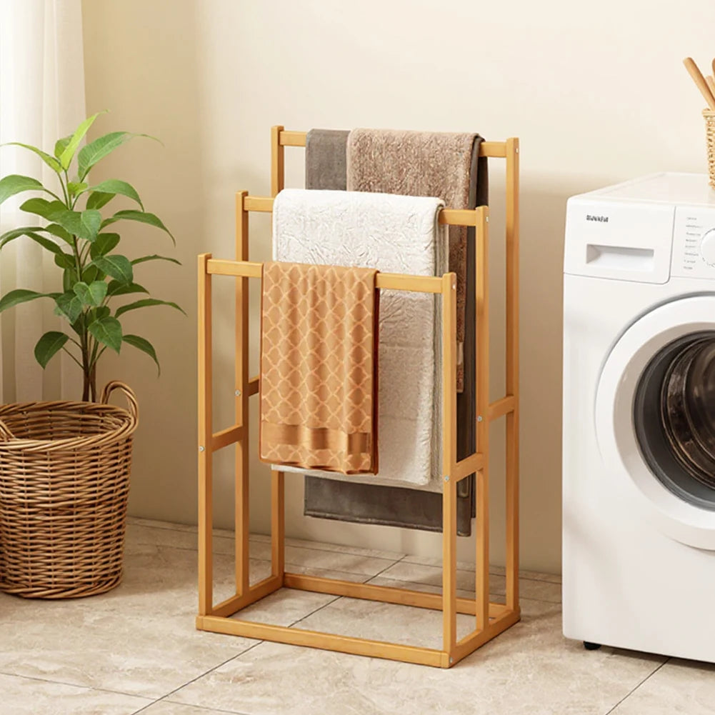 Wood Vertical Towel Rack | 3-Tier Freestanding Floor Towel Stand with Storage
