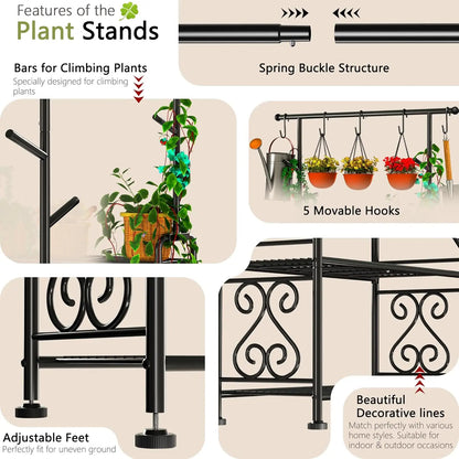 4-Tier Metal Plant Stand with Hanging Hooks