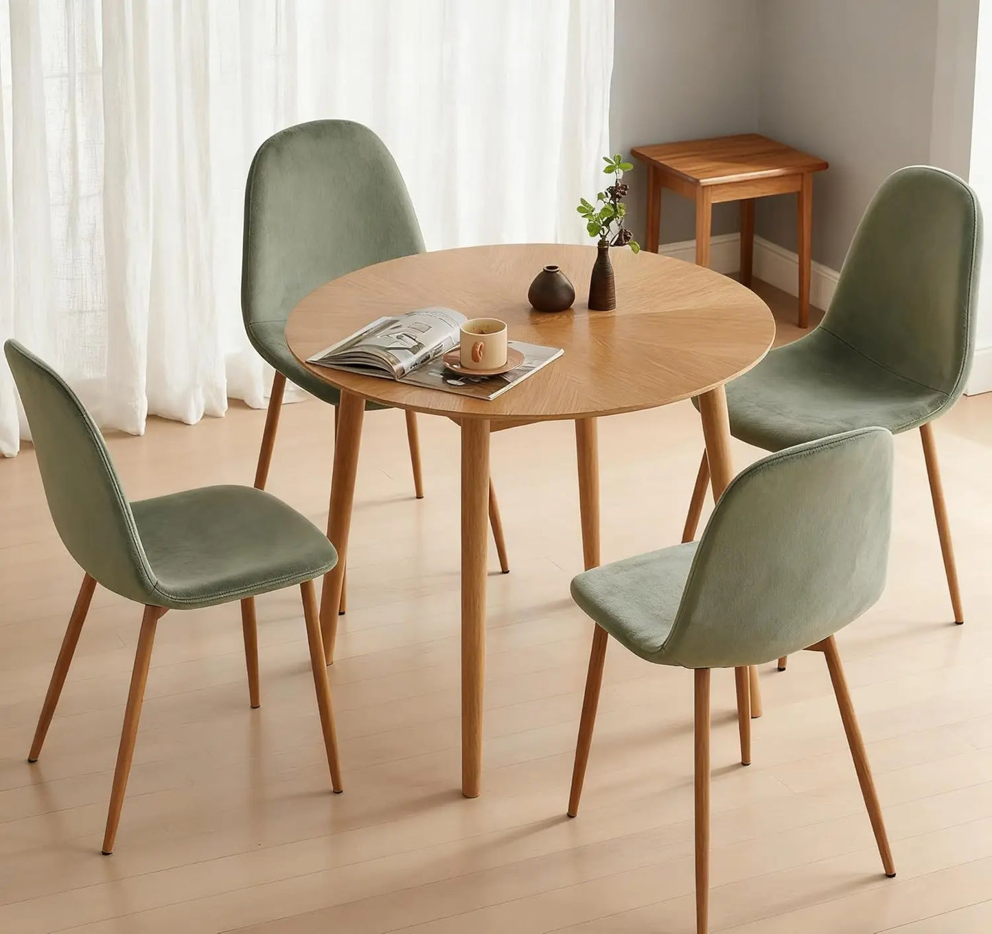 Small Round Oak Dining Table with 4 Velvet Chairs