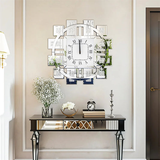 Luxury Crushed Diamond Wall Clock – Silent Roman Numeral Mirrored Clock