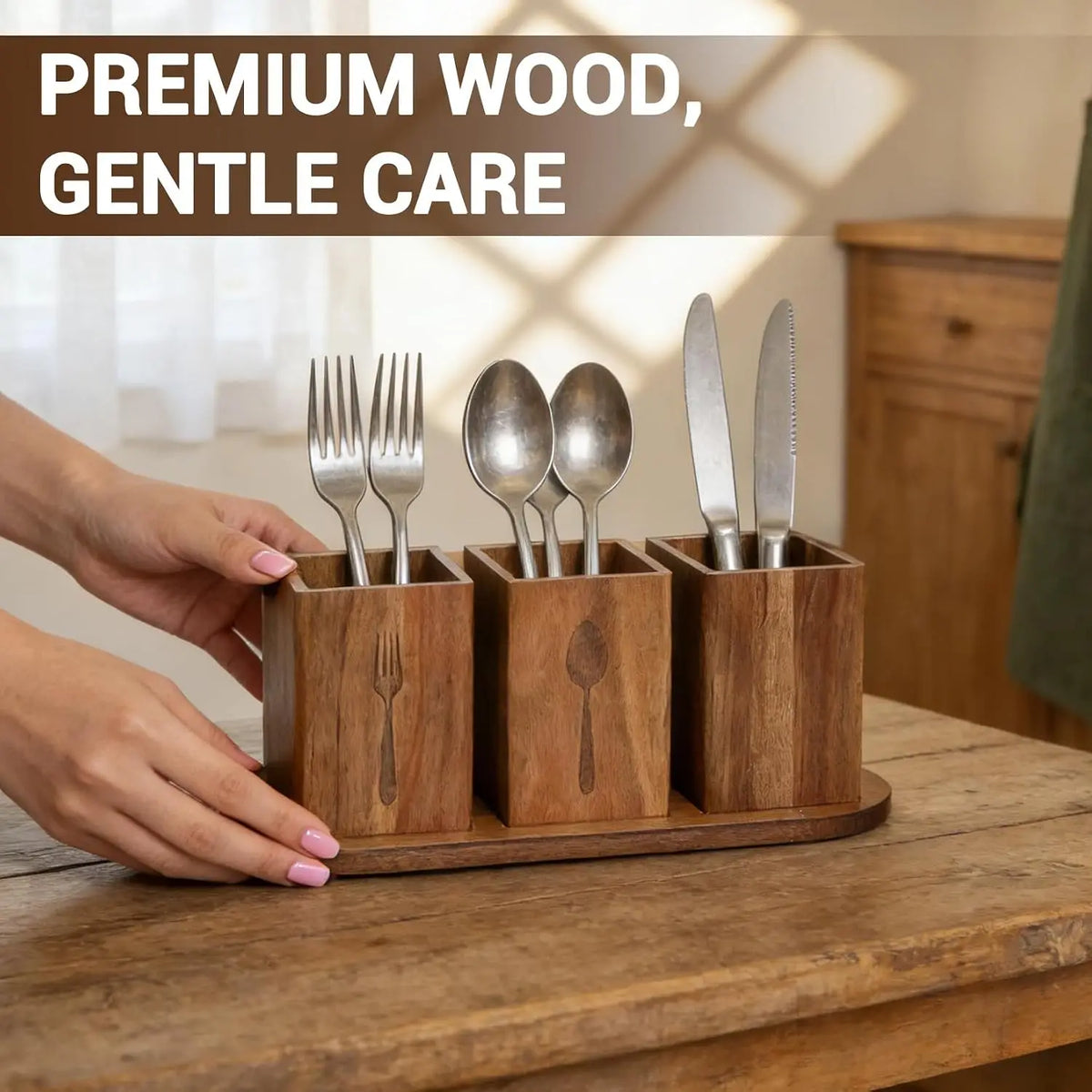Acacia Wood Utensil Holder | 4-Compartment Silverware Caddy