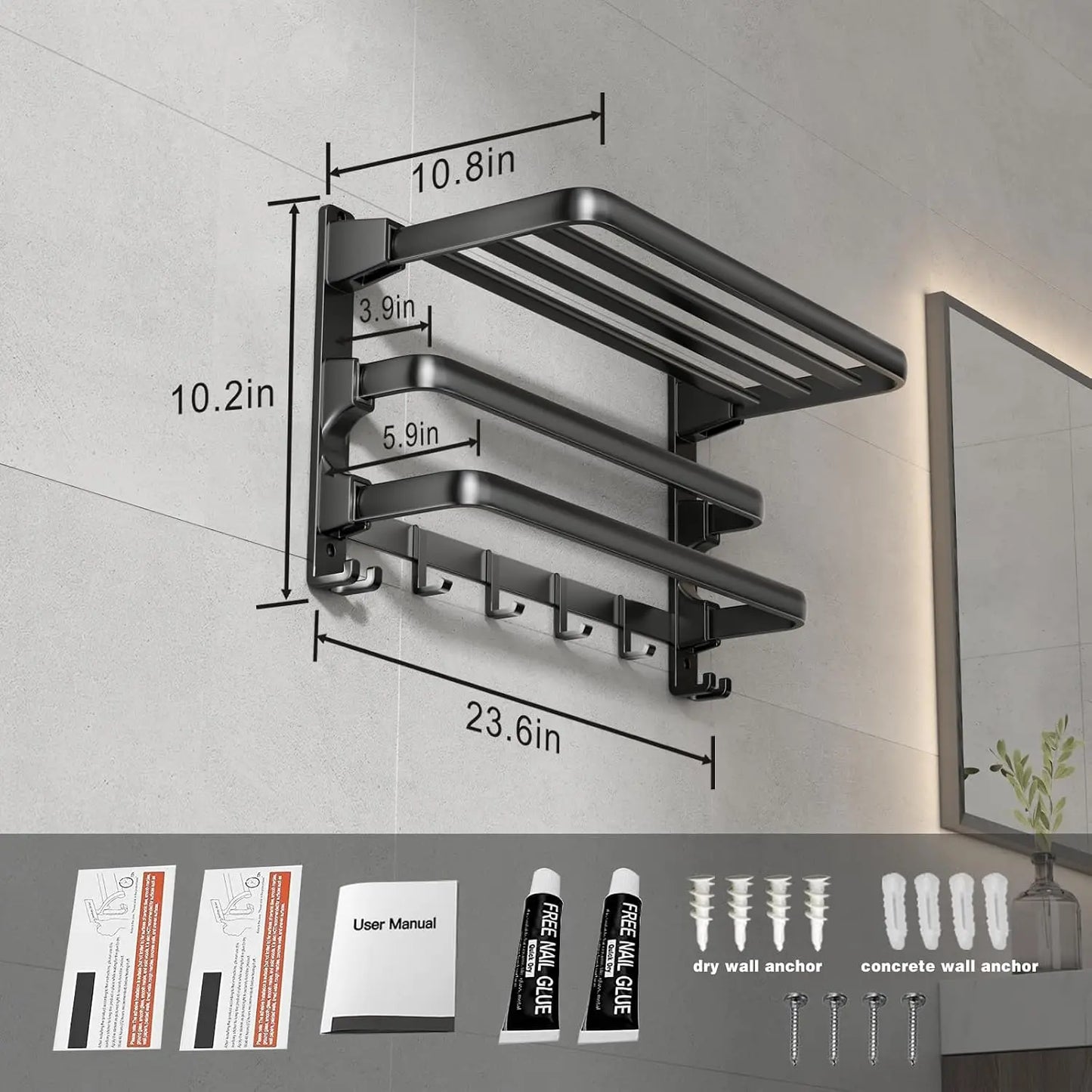 24-Inch Foldable Bathroom Towel Rack with Shelf, Dual Bars & 7 Hooks