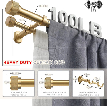 Premium Double Curtain Rod Set | Heavy-Duty Brushed Gold Drapery Rod
