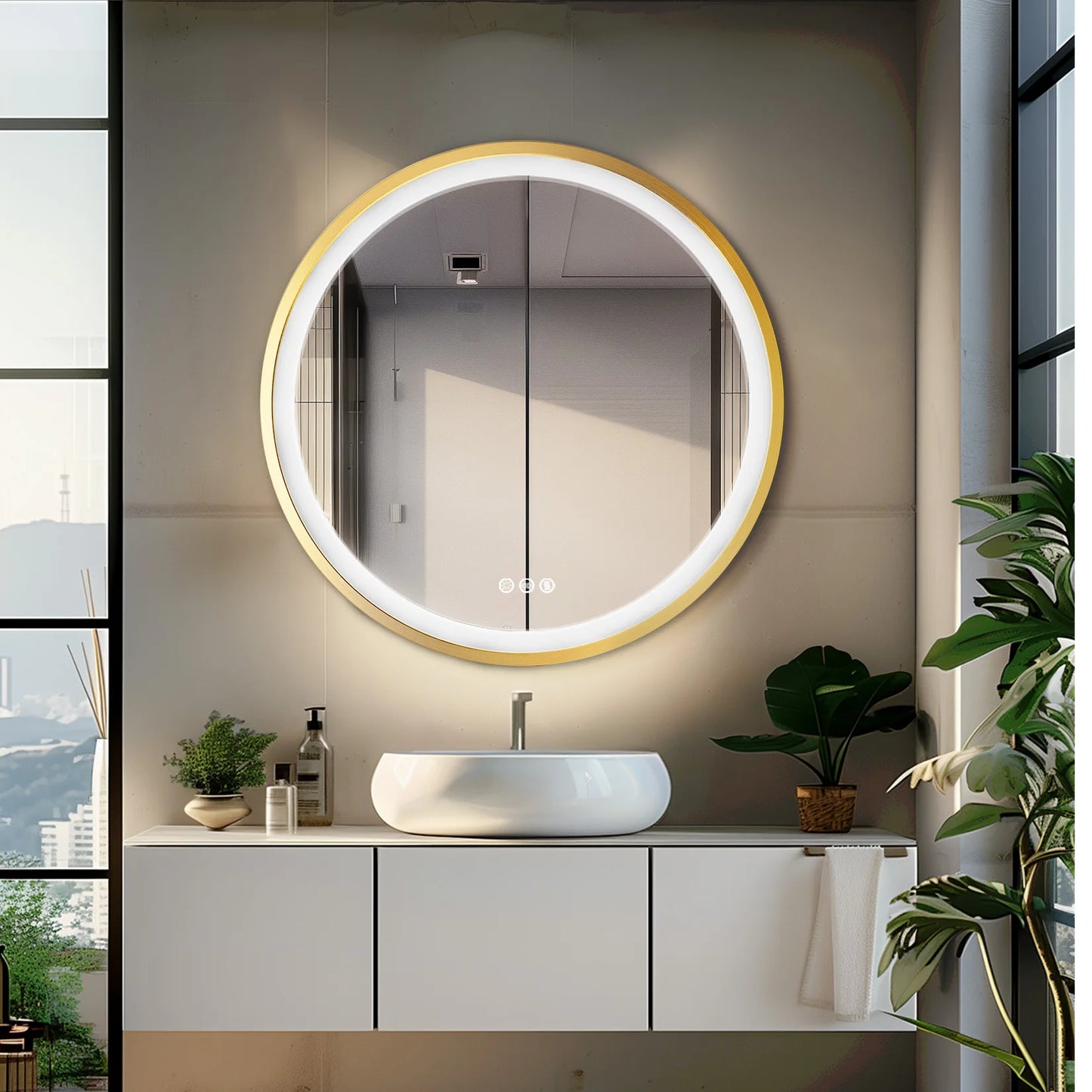 Gold-Framed Round Lighted Bathroom Mirror